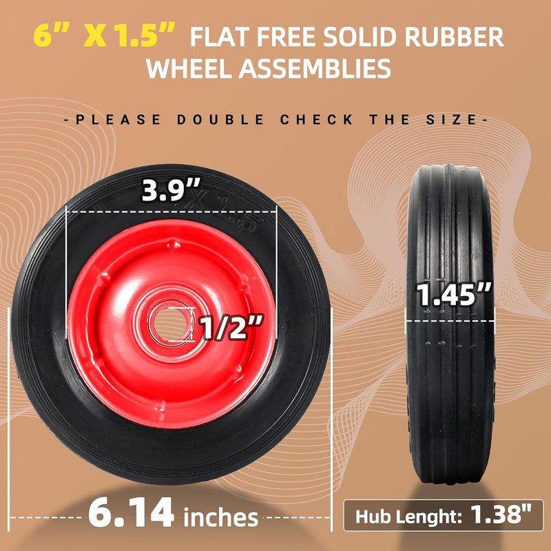 (2-Pack) 6” X 1.5” Flat Free Solid Rubber Wheel Assemblies - Replacement Hand T gallery