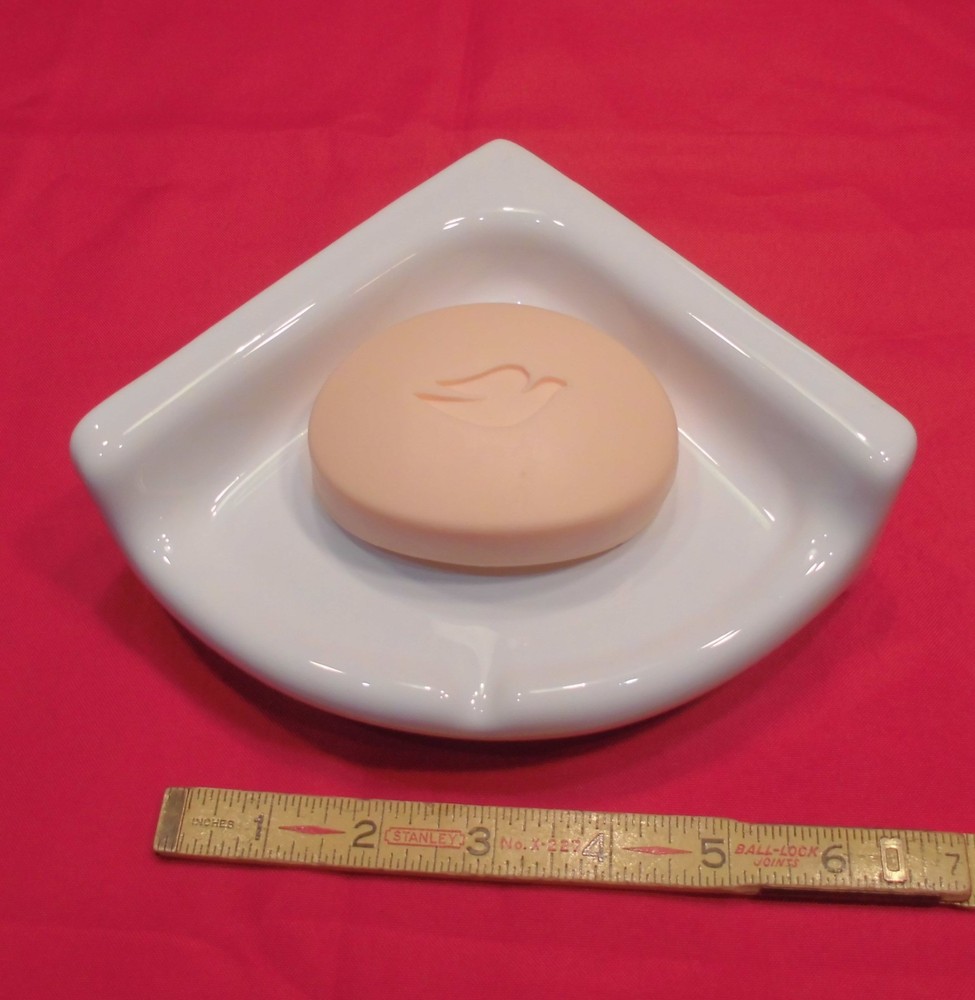 Brilliant Glossy White: Small Corner Bath-Shower Soap Dish-Tray-Shelf 6" Ceramic