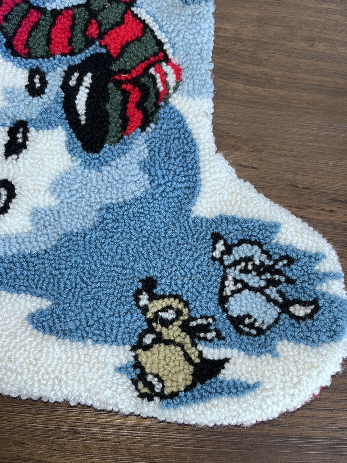 Vintage Christmas Stocking Punch Needle SNOWMAN Red Felt Back Needlepoint 20" gallery