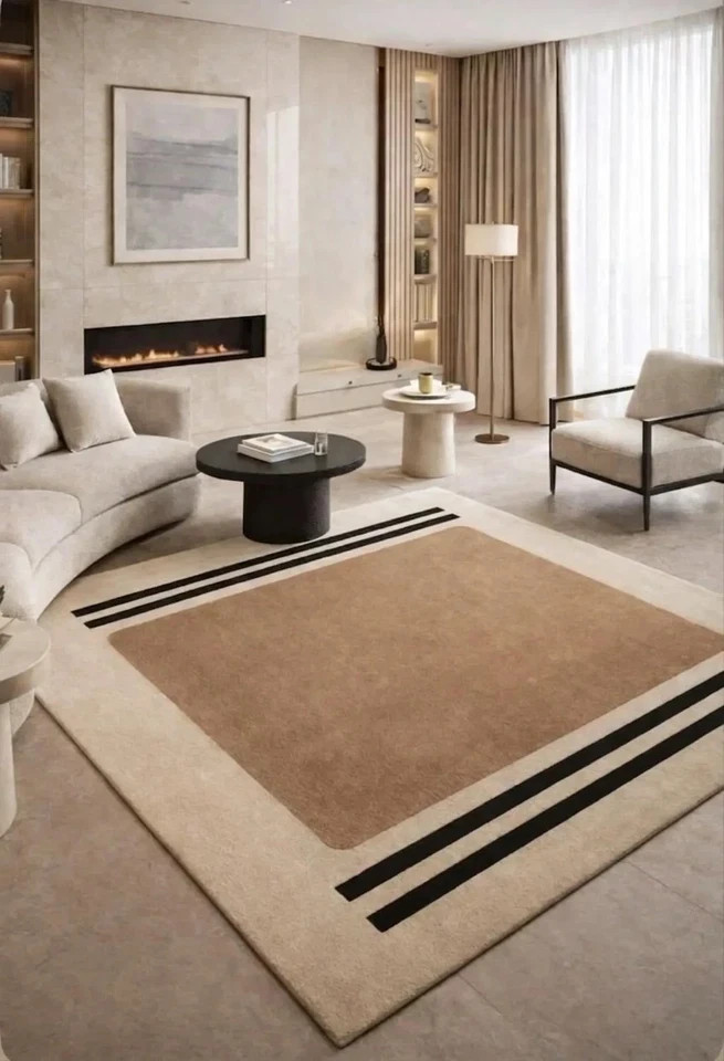 Hand Tufted Wool Rug, Beige Black Line Minimalist Scandinavian Area Carpet Rug gallery