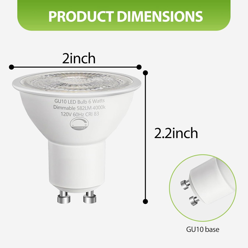 6-Pack GU10 LED Bulbs 6W (50W Equivalent), Dimmable 4000K Cool White, 580LM, Per gallery