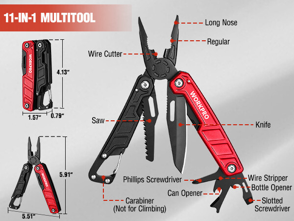 WORKPRO Multitool-11 in 1 with Pocket Clip and Sheath-EDC with Safety Lock gallery