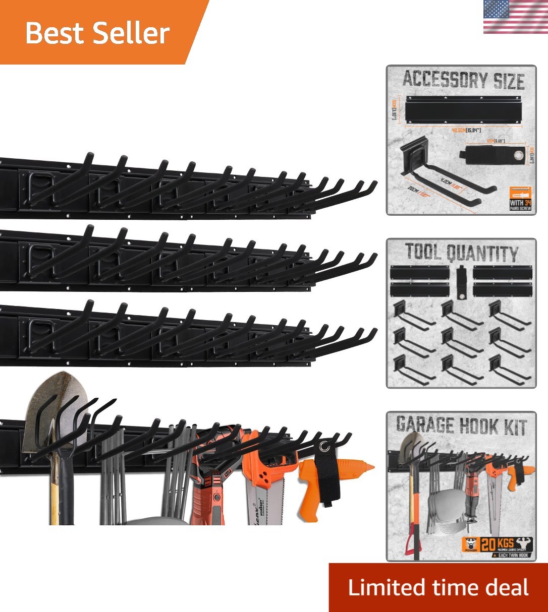 64-Inch Tool Organizer Rack - Load 600LB, 9 Adjustable Hooks Included gallery