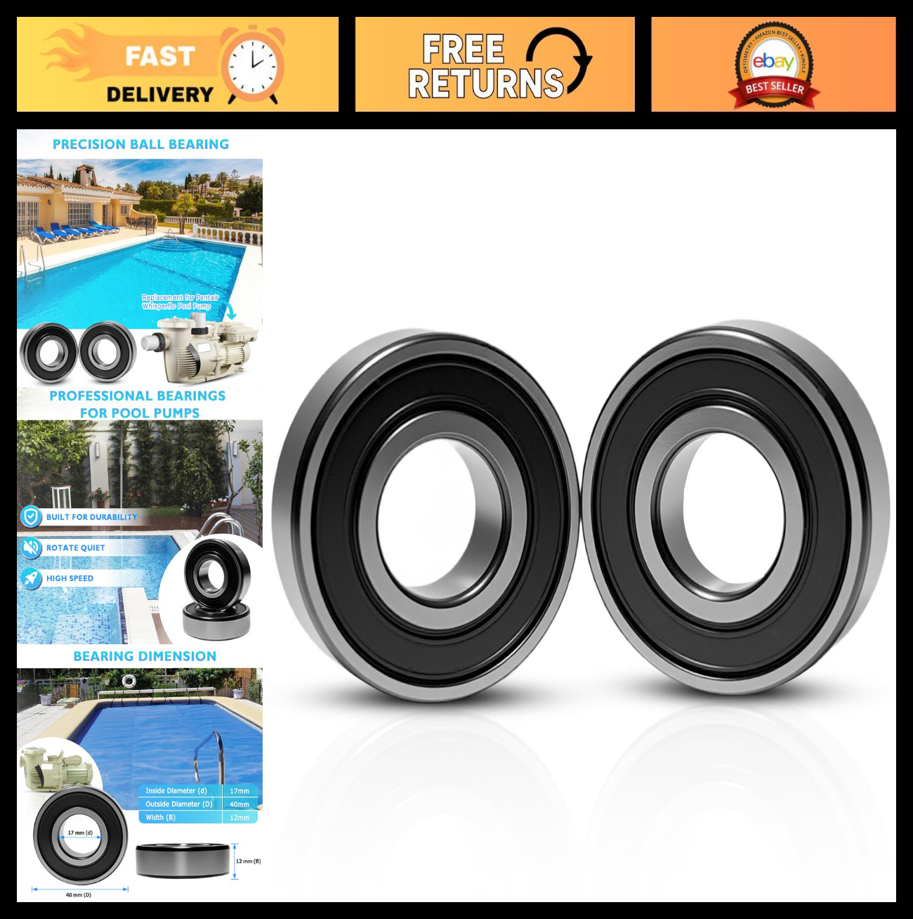 Precision Pool Pump Bearing Replacement - Quiet, Durable Ball Bearings (2 Pack) gallery
