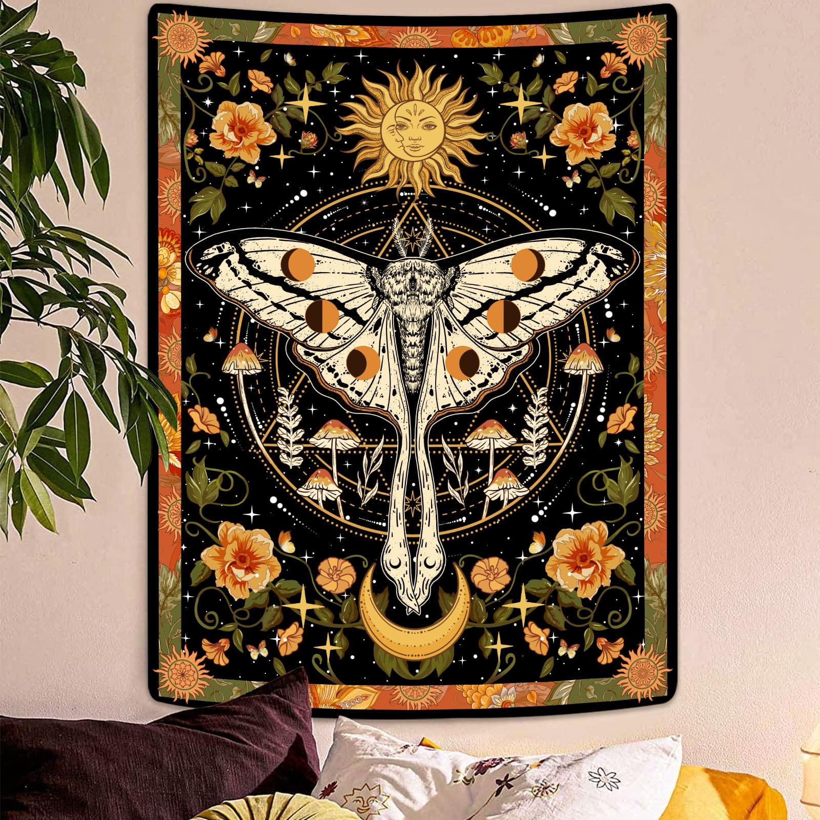 Orange Moth Tapestry Boho Retro Floral Flowers Tapestries Aesthetic Vintage M.. gallery