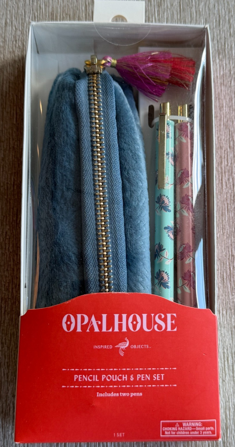 NEW Opal House Pencil Pouch & Pen Set - Blue Pouch with Teal and Pink Pens gallery