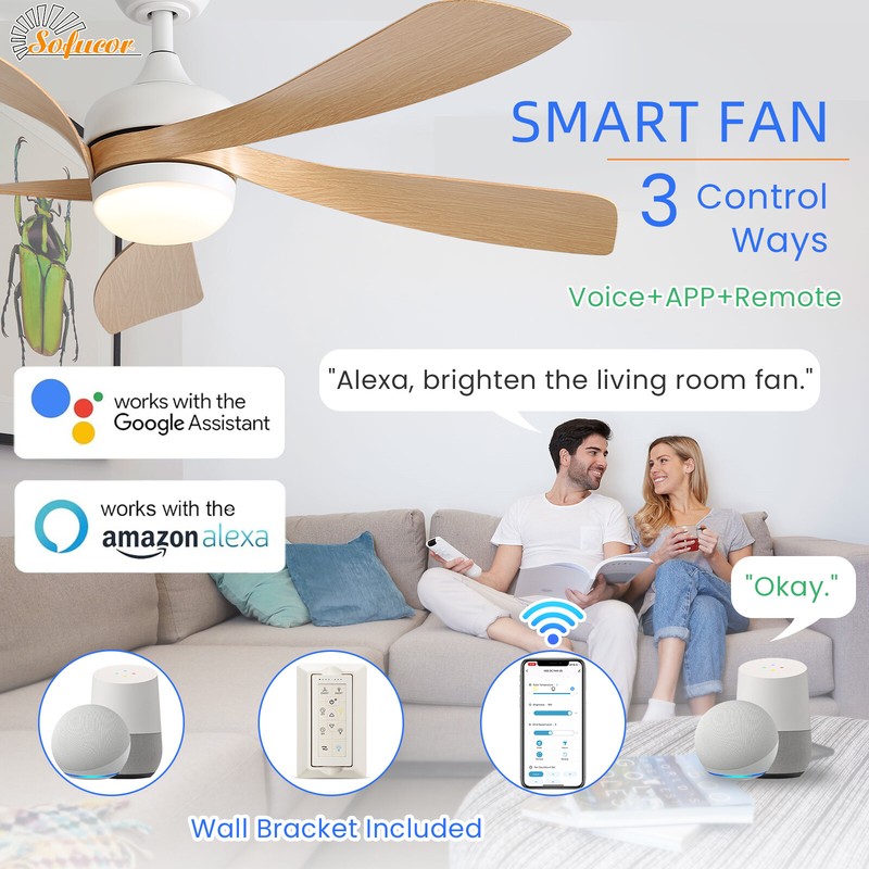 Sofucor 52" Smart Ceiling Fans with Lights and Remote Work with Alexa/Google/App gallery