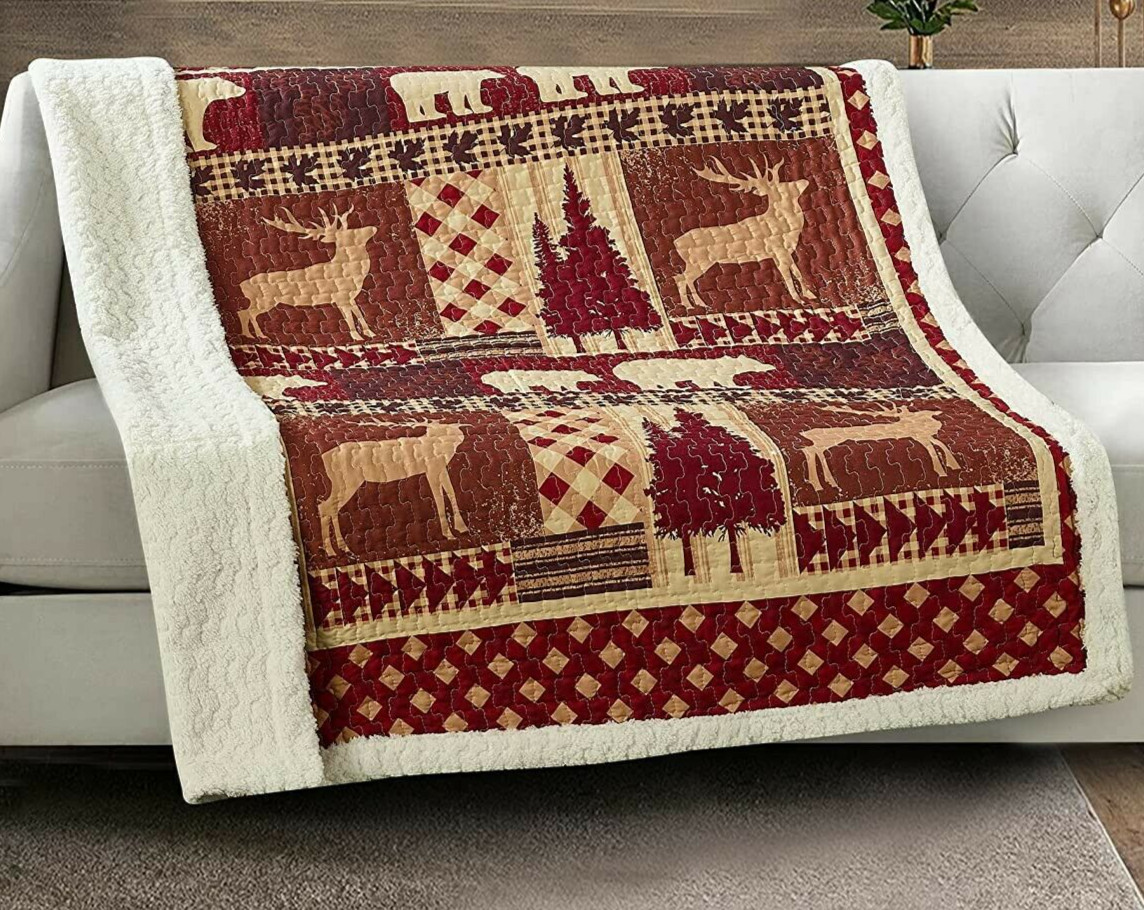 ANIMALS IN FOREST BEAR ELK PINES QUILTED SHERPA SOFT THROW BLANKET 50x60 INCH gallery