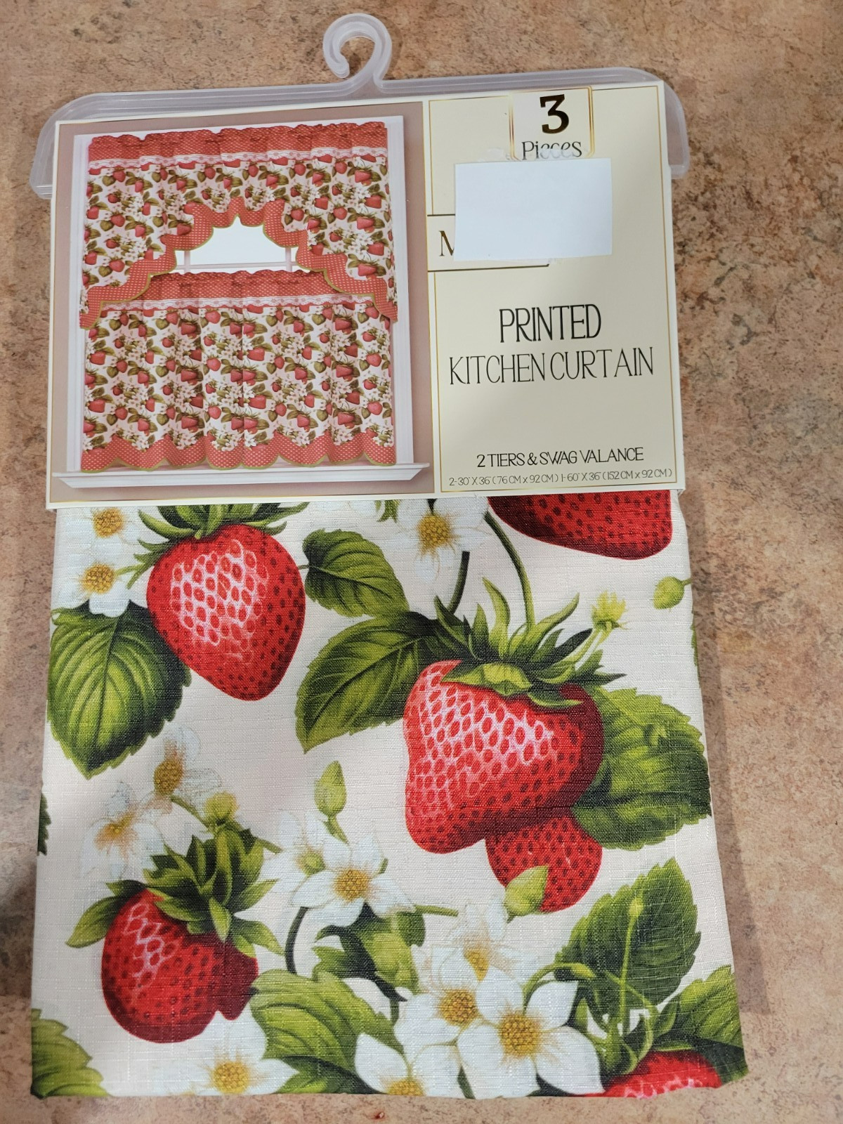 3pc.Printed Curtains Set :2 Tiers & Swag Valance Marin Strawberry Red/Green NEW gallery