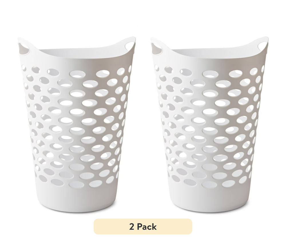 (2 pack) Mainstays Plastic Round Laundry Hamper, White, with Carrying Handles