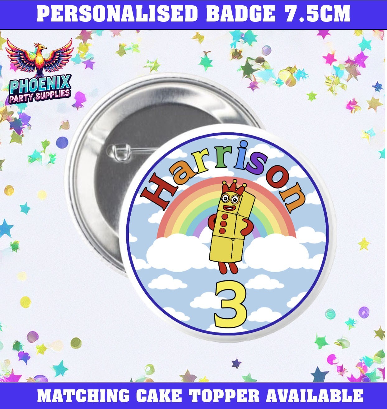 PERSONALISED NUMBER BLOCKS BIRTHDAY PARTY BADGE CUSTOM AGE NUMBER gallery