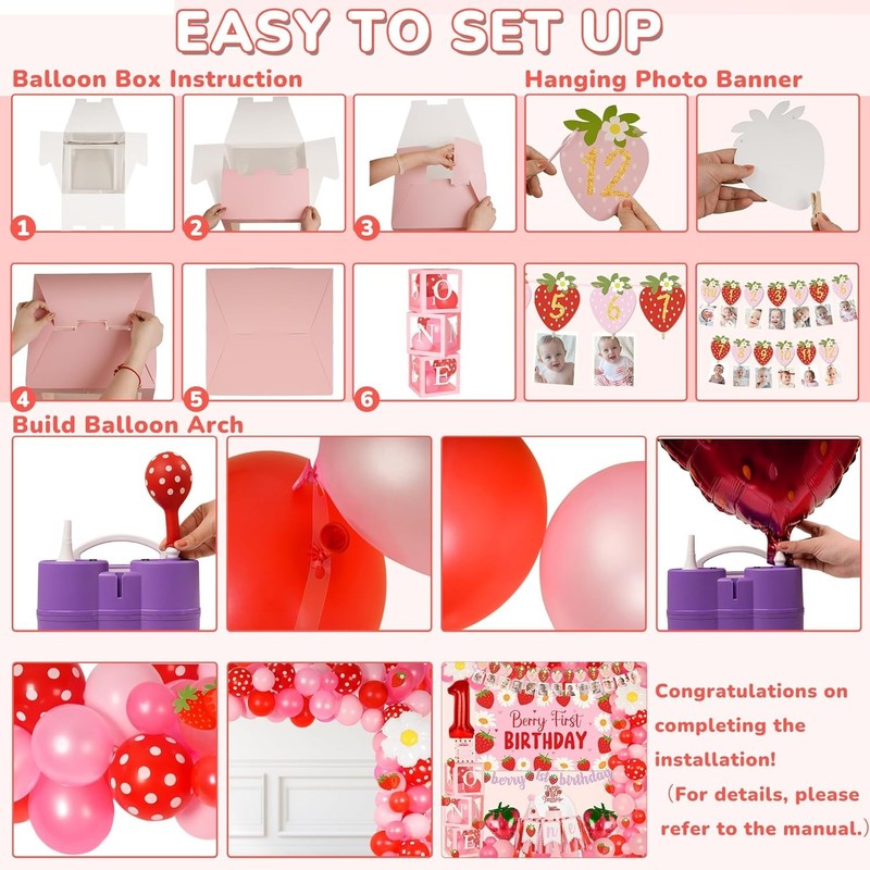 Complete Berry First Birthday Decor Set for Girls with DIY Balloon Arch Kit gallery