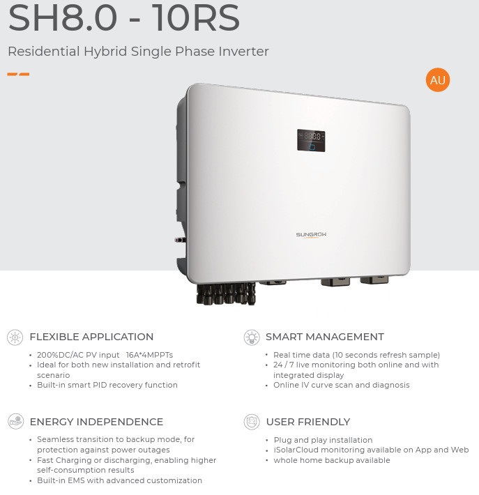 SUNGROW SH8.0RS Solar Inverter String 8kW Hybrid 1 Phase 4 MPPT with 10yr wrnty gallery