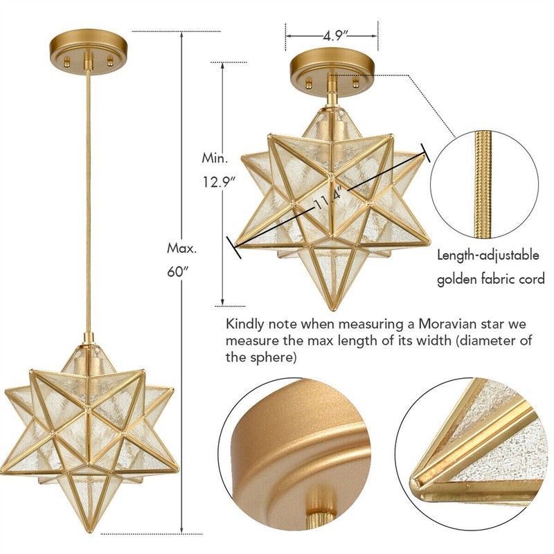 Brass Moravian Star Light in Seeded Glass Pendant Lights Fixture 11-in gallery