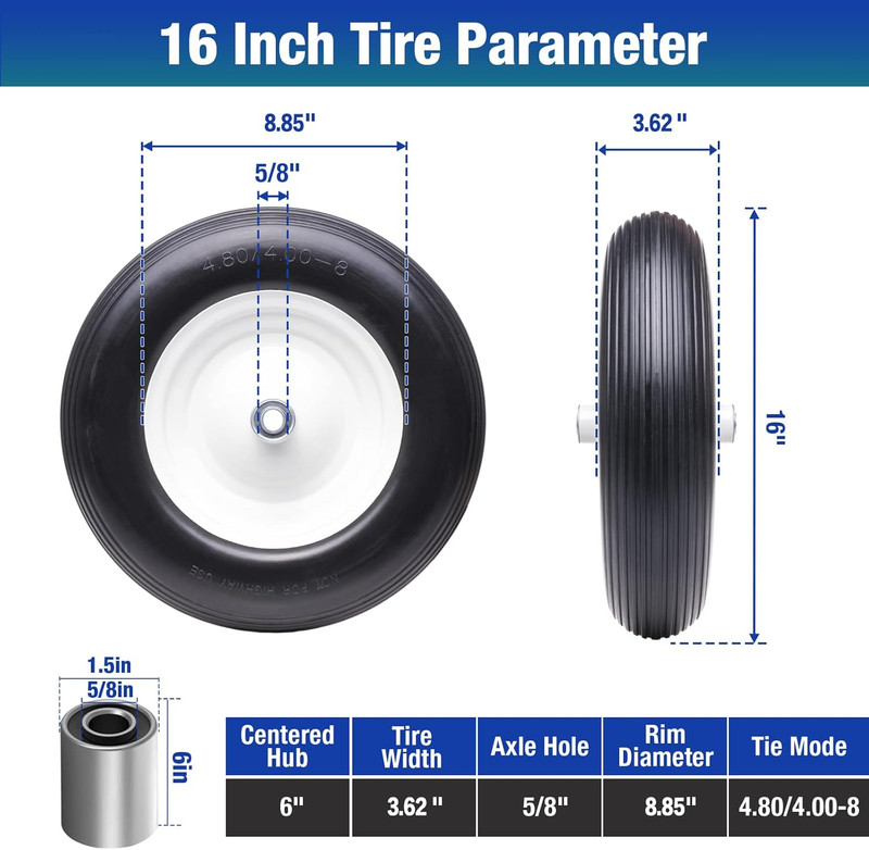 16" 4.80/4.00-8 Flat Free Solid Polyurethane Tire and Wheel, 1 Pack PU Airless T gallery