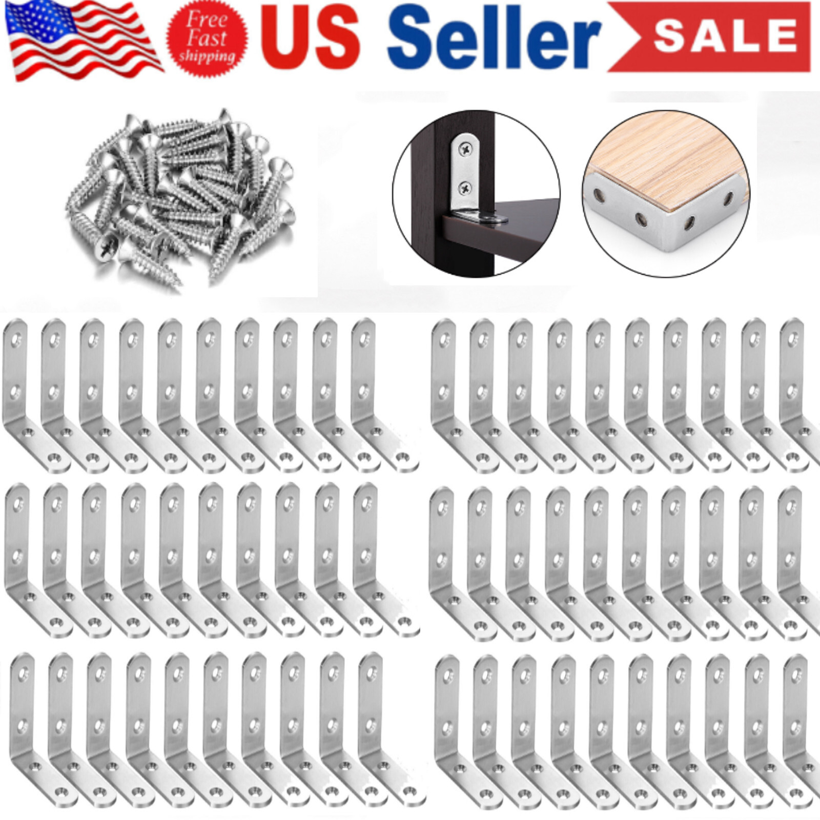 Lot L-Shaped Bracket Corner Brace Silver Stainless Steel Right Angle w/ Screws gallery