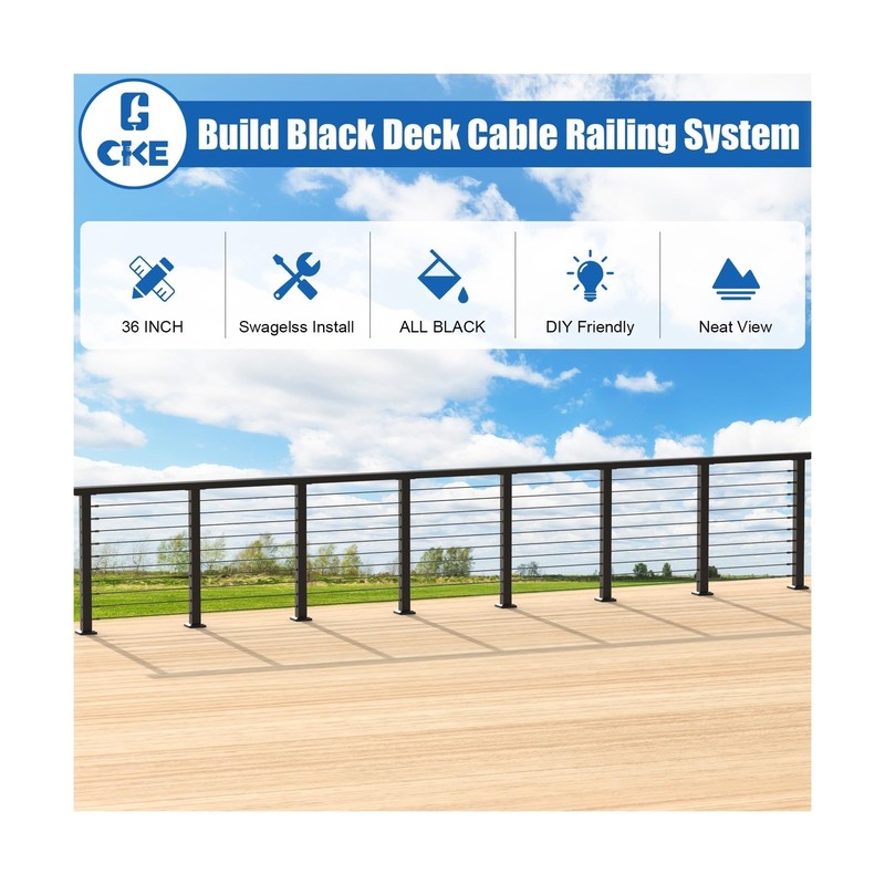 CKE 10ft-15ft Complete Set 36" Cable Railing Post Kit, 3Pack Black Level Dril... gallery