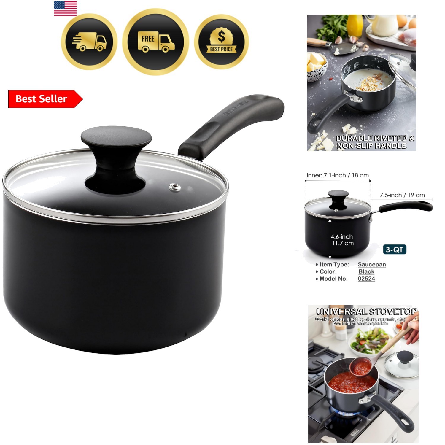 Basic 3 Quart Nonstick Saucepan with Glass Lid, Non Stick Aluminum Sauce Pan,... gallery