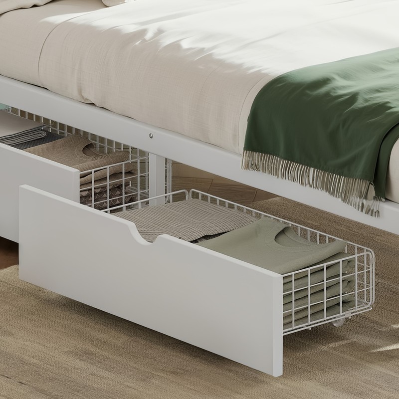 Queen Size Metal MDF Platform Bed Frame Daybed Slatted W/ Storage Drawers White gallery