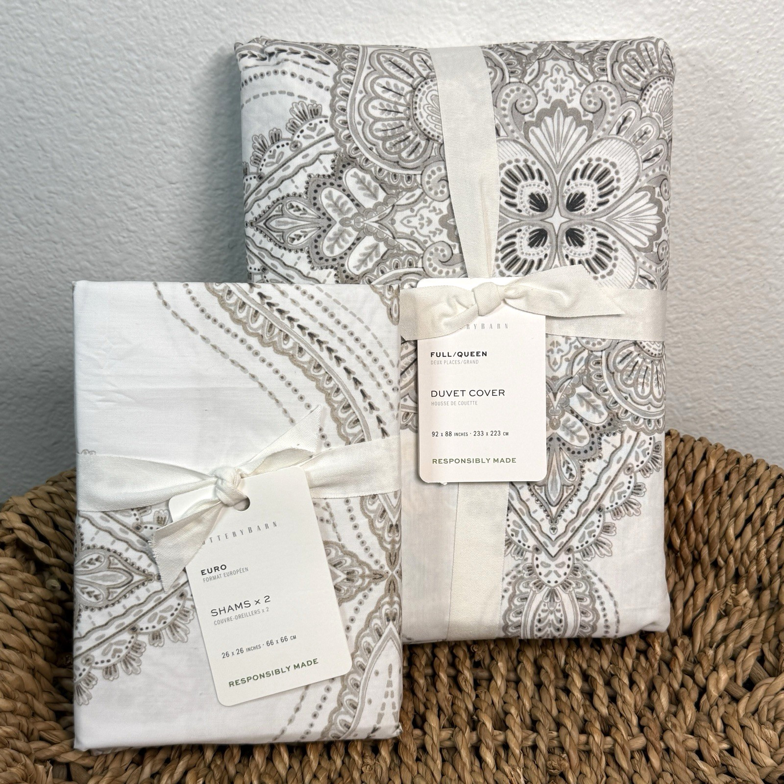 POTTERY BARN SONYA MEDALLION ORGANIC PERCALE F/Q DUVET COVER 2 EURO SHAM NEUTRAL gallery