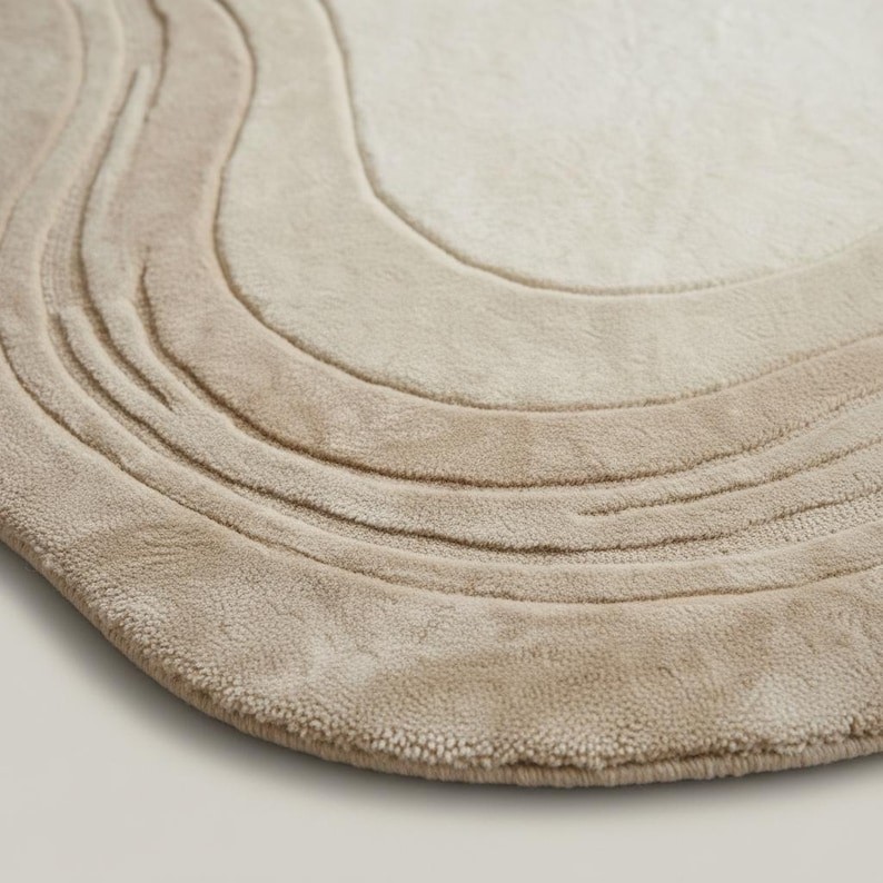 Hand Tufted Irregular Shape Rug – Minimalist Beige Area Rug, Tufted Wool Carpet gallery