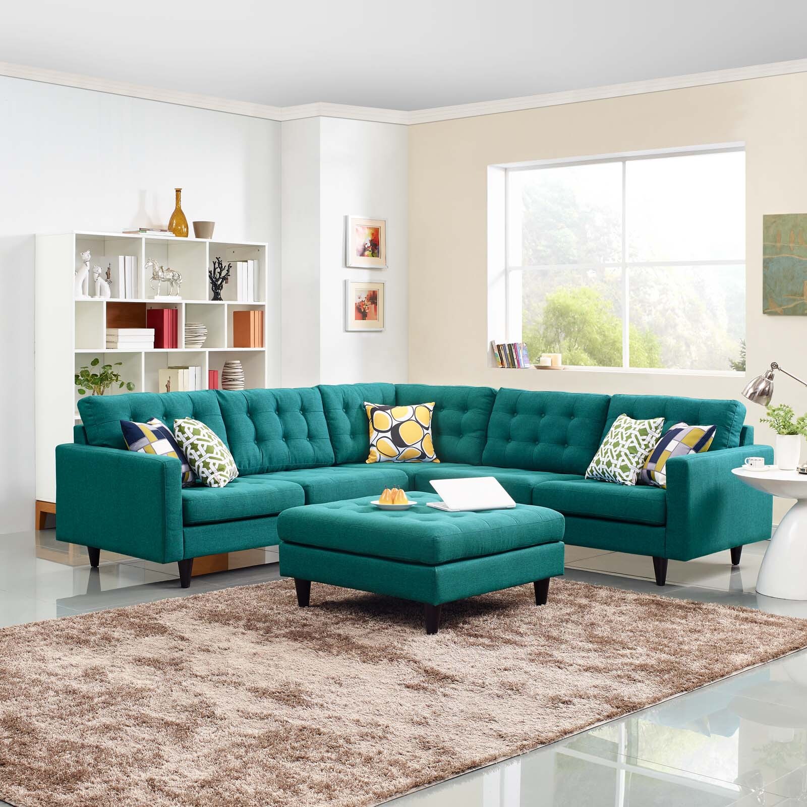 Modway Mid-Century Modern Tufted Fabric Upholstered Sectional Sofa Set in Teal gallery