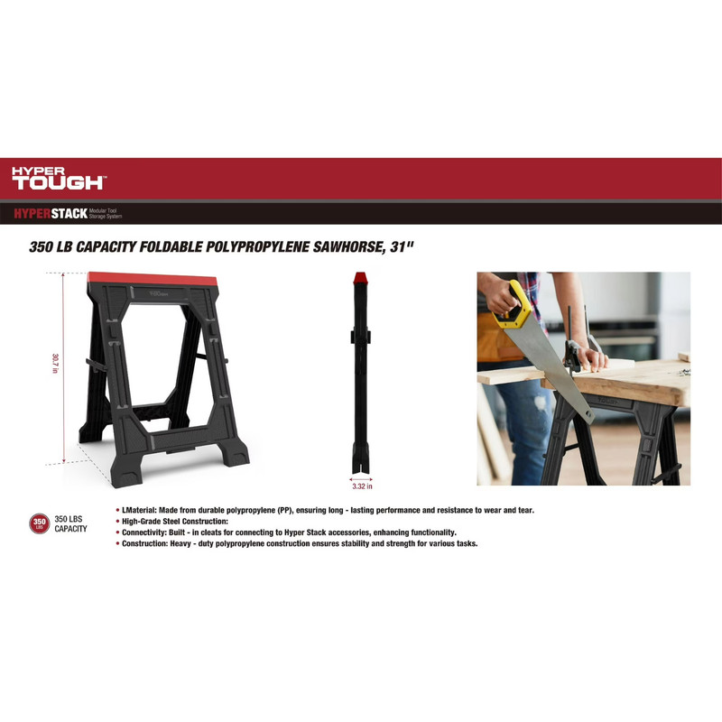 Hyper Tough Hyper Stack 350 lb Capacity Foldable Polypropylene Sawhorse, 31" gallery