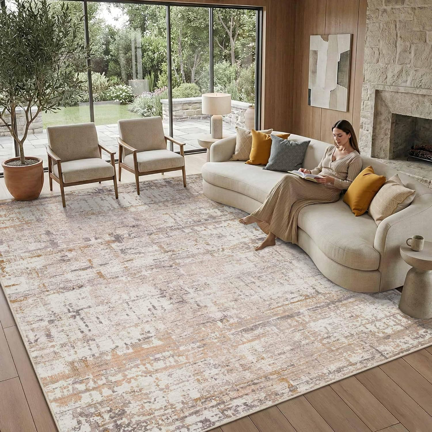 8X10 Modern Abstract Area Rugs,Large Soft Rugs for Living Room,Neutral Washable gallery