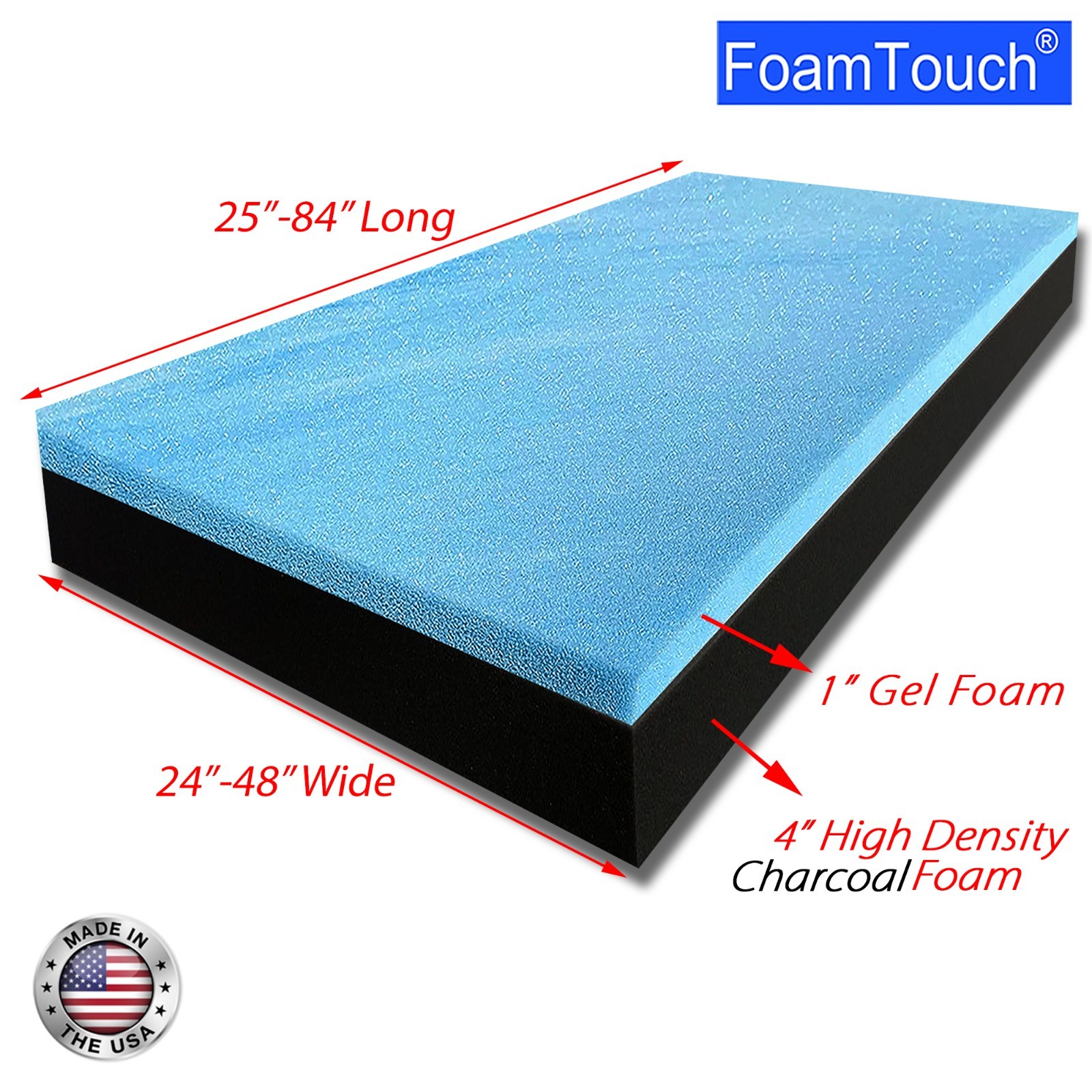 FoamTouch 5" Gel Memory Foam RV Mattress Custom Cut 24-48 Wide 25-84 Long Black gallery