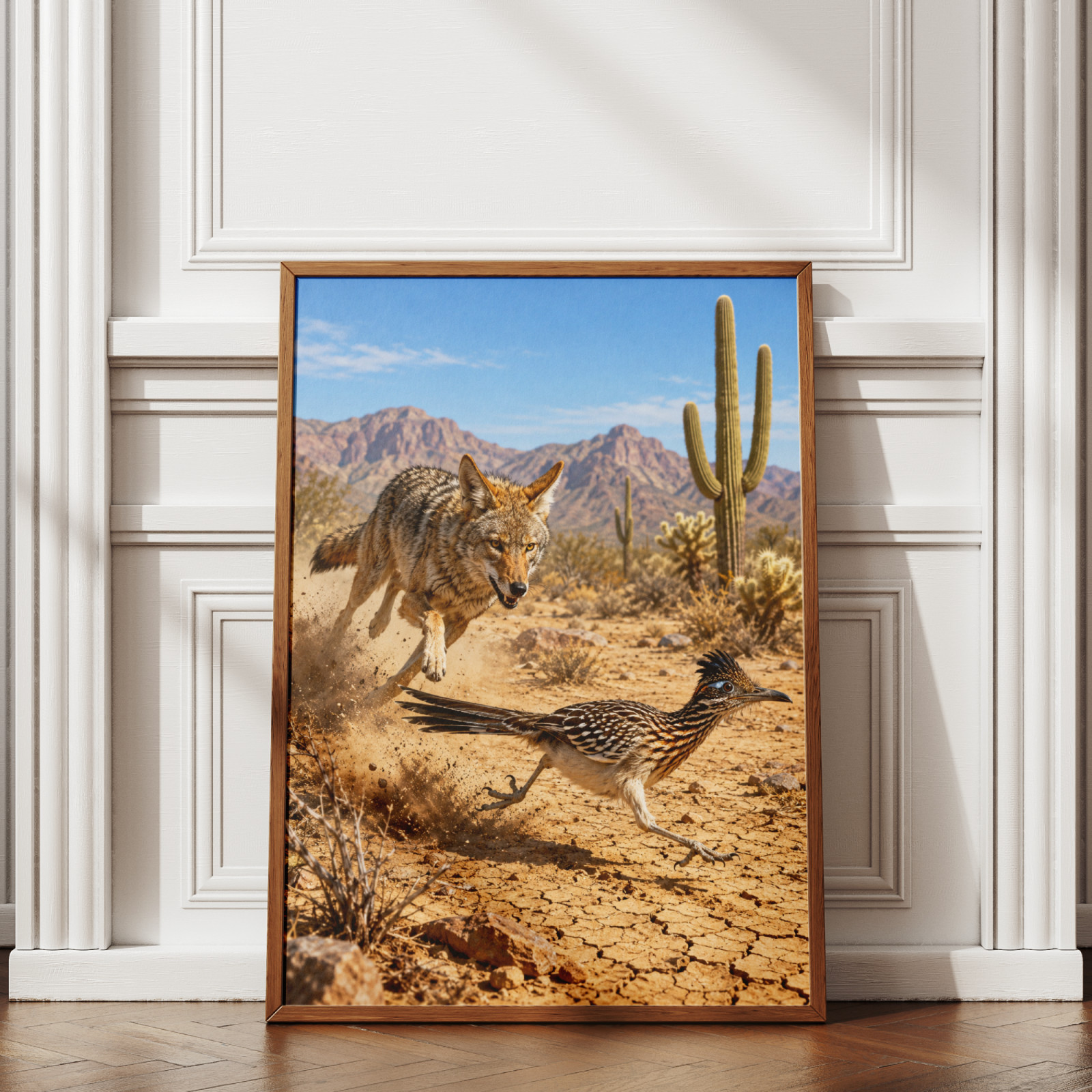 Coyote Chasing Roadrunner Poster Realistic Desert Saguaro Cactus Wall Art Print gallery