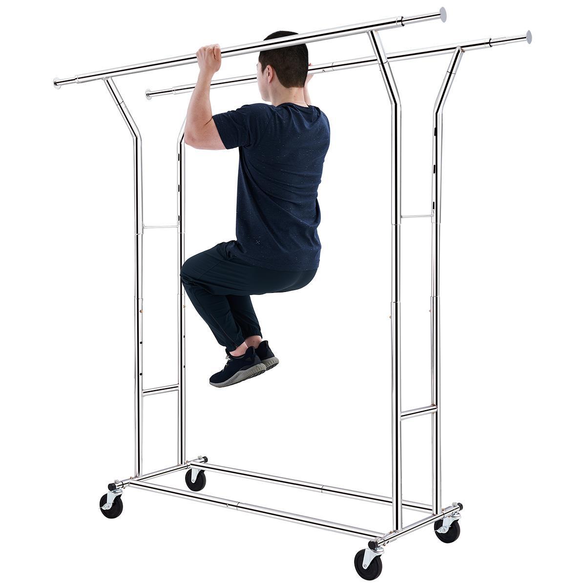 Heavy Duty Collapsible Commercial Clothing Garment Rack Rolling Chrome US gallery