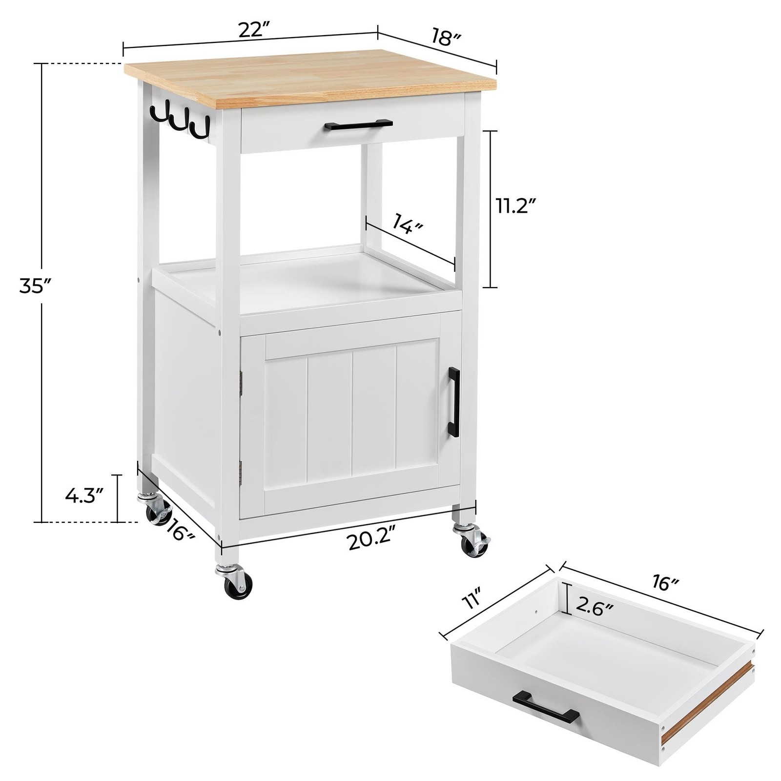 Kitchen Island Cart w/Storage, Rolling Kitchen Island on Wheels w/6 Hooks, White gallery