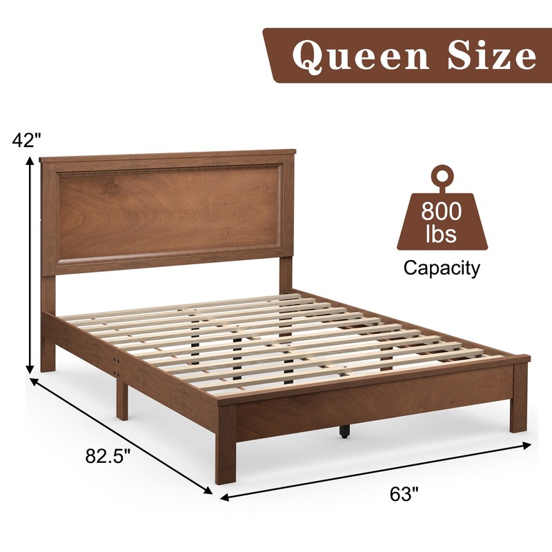 Queen Size Bed Frame Platform Slat High Headboard Bedroom Rubber Wood Leg Walnut gallery