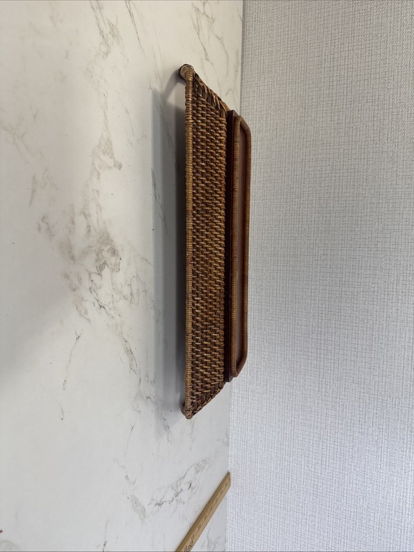 Pampered Chef Rectangular Woven Rattan Serving Tray Handles 17" MCM Tiki Picnic gallery