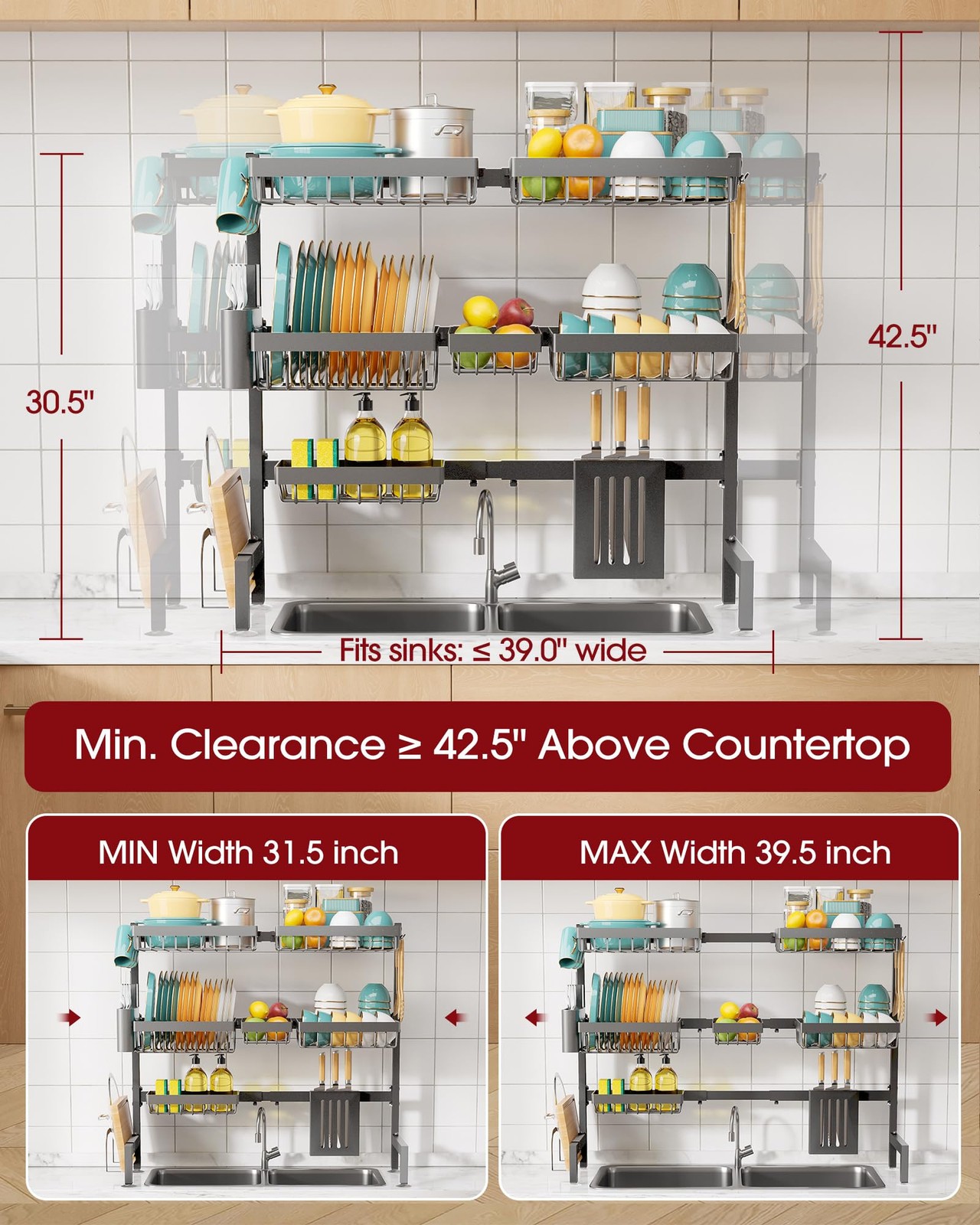 XX-Large Over-Sink Dish Drying Rack – Adjustable 3 Tier Stainless Steel Storage gallery