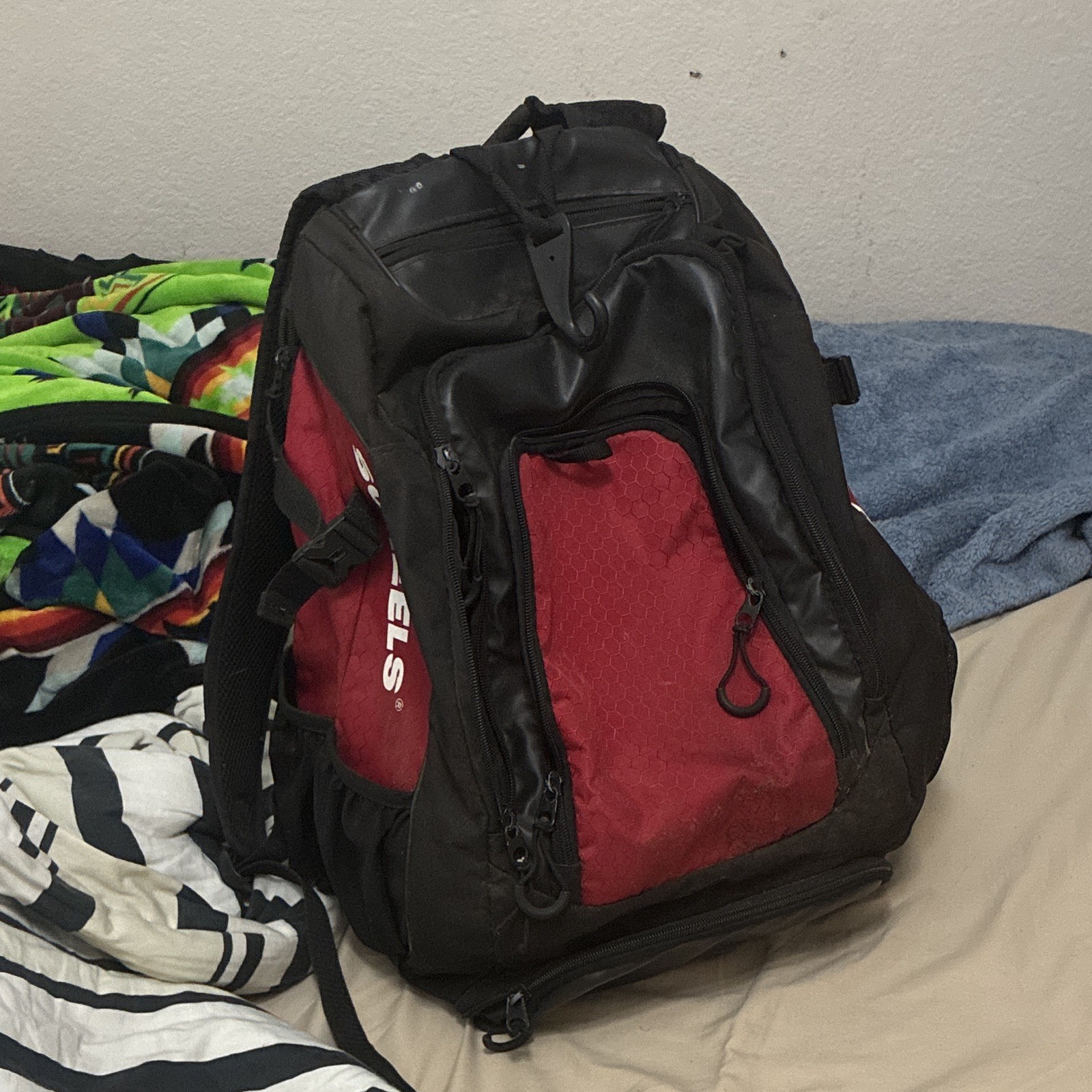SCHEELS Baseball Backpack Black Red Adjustable Straps Multiple Compartments