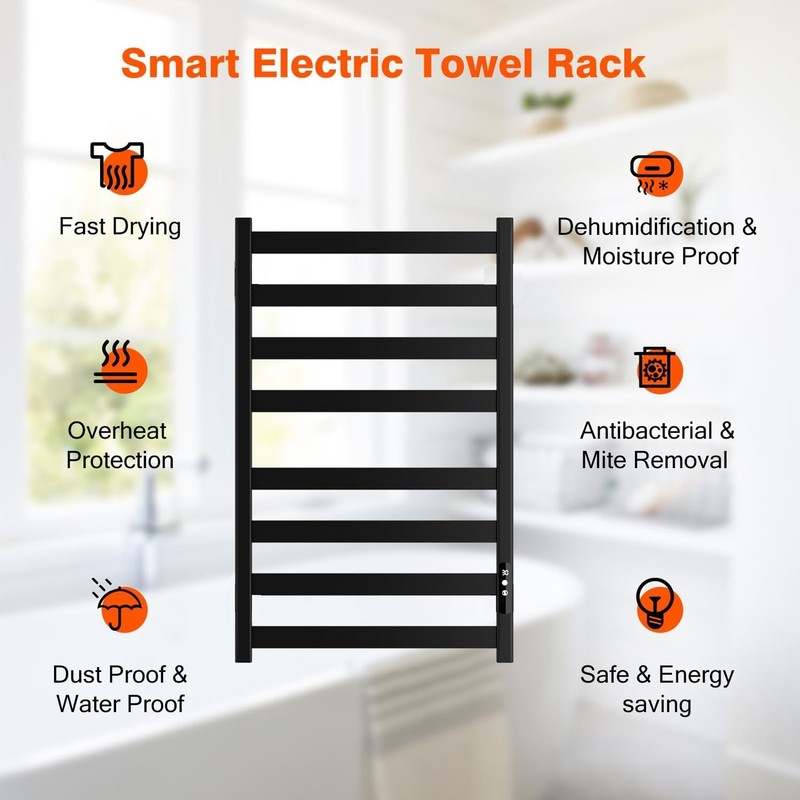 Black Heated Towel Rack Wall Mount Towel Warmer Bathroom Electric Towel Rack set gallery
