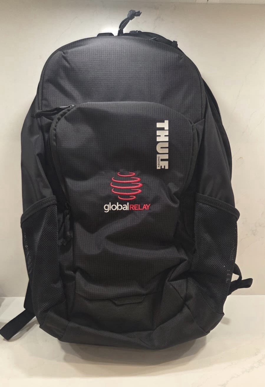 NEW~ Thule Backpack ~ Black ~ Embroidered Logo “Global Relay”