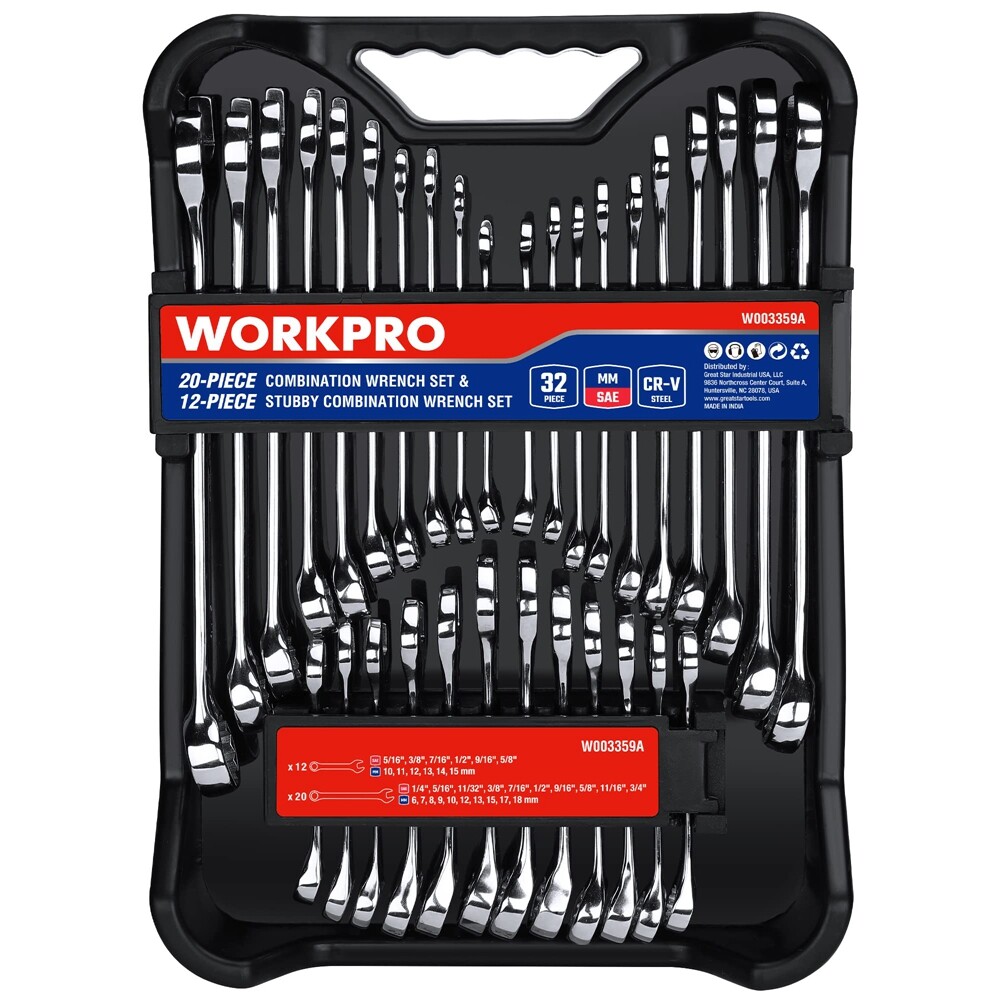 WORKPRO 32PC SAE&Metric Combination Wrench Set 12 PT Regular Wrenches set w/Tray gallery