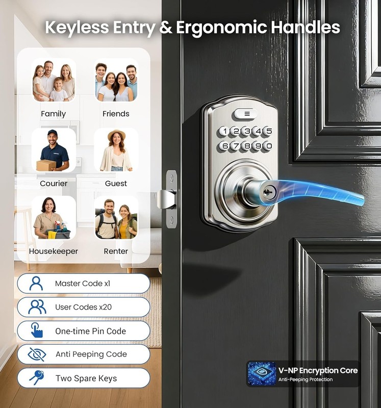 Keypad Door Lock with Handle, Keyless Entry for Front Door & Bedroom, Electro... gallery