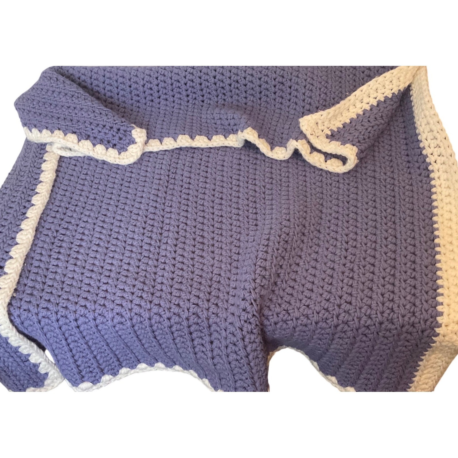 Handmade Crochet Throw Blanket Periwinkle Blue Cream Scalloped Edge 42x48 gallery