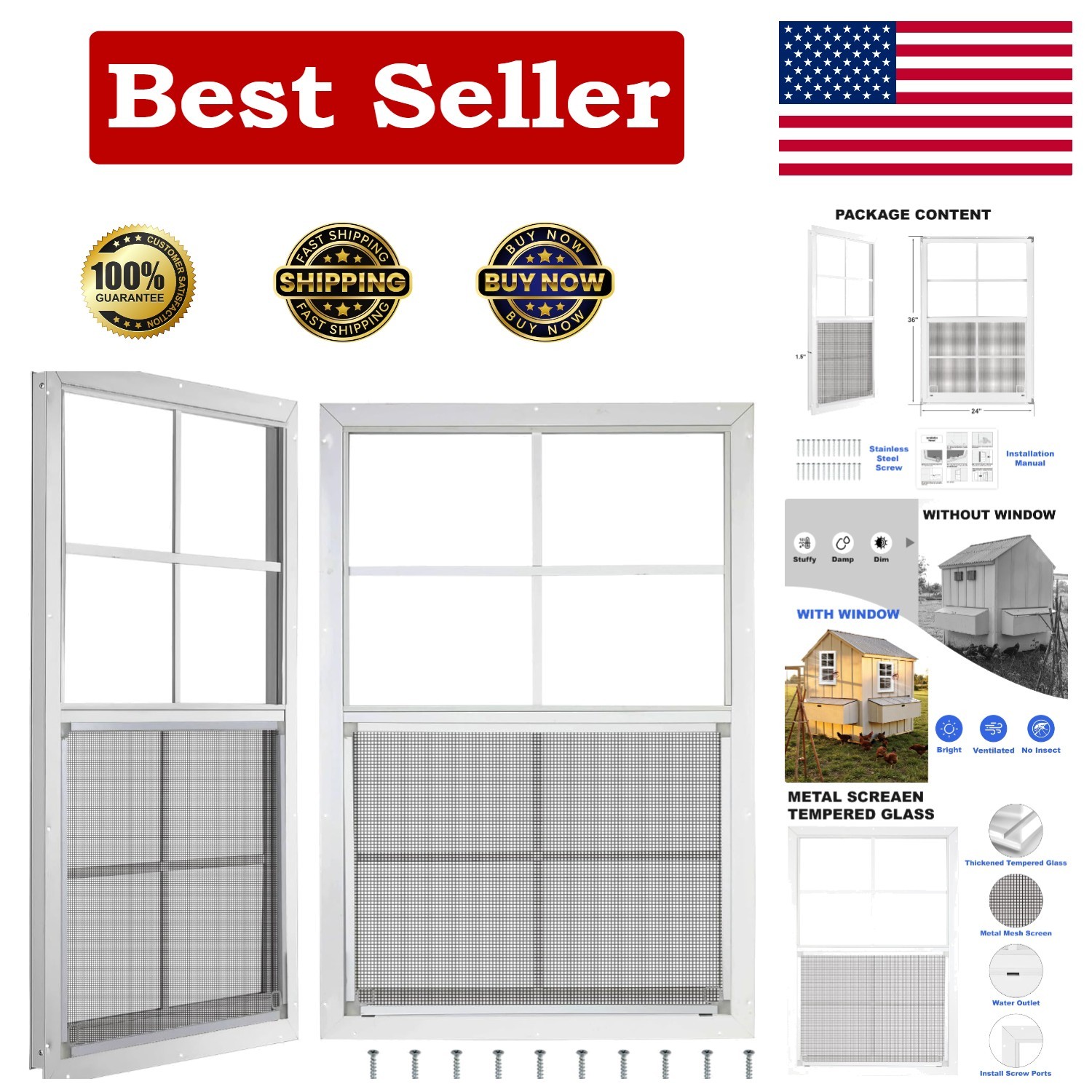 Weather Resistant 24" x 36" Shed Windows Set with Tempered Glass & Metal Frame gallery