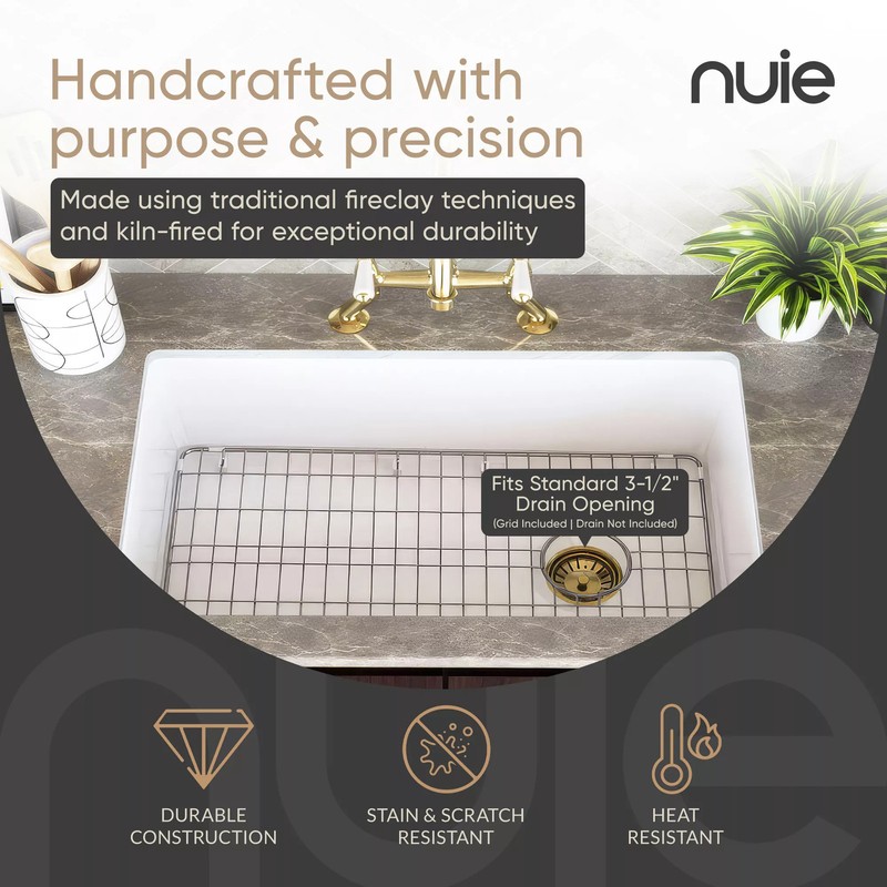 Nuie Undermount Kitchen Sink with Chrome Drainer, Wire Grid, Fire Clay 34x19x10" gallery