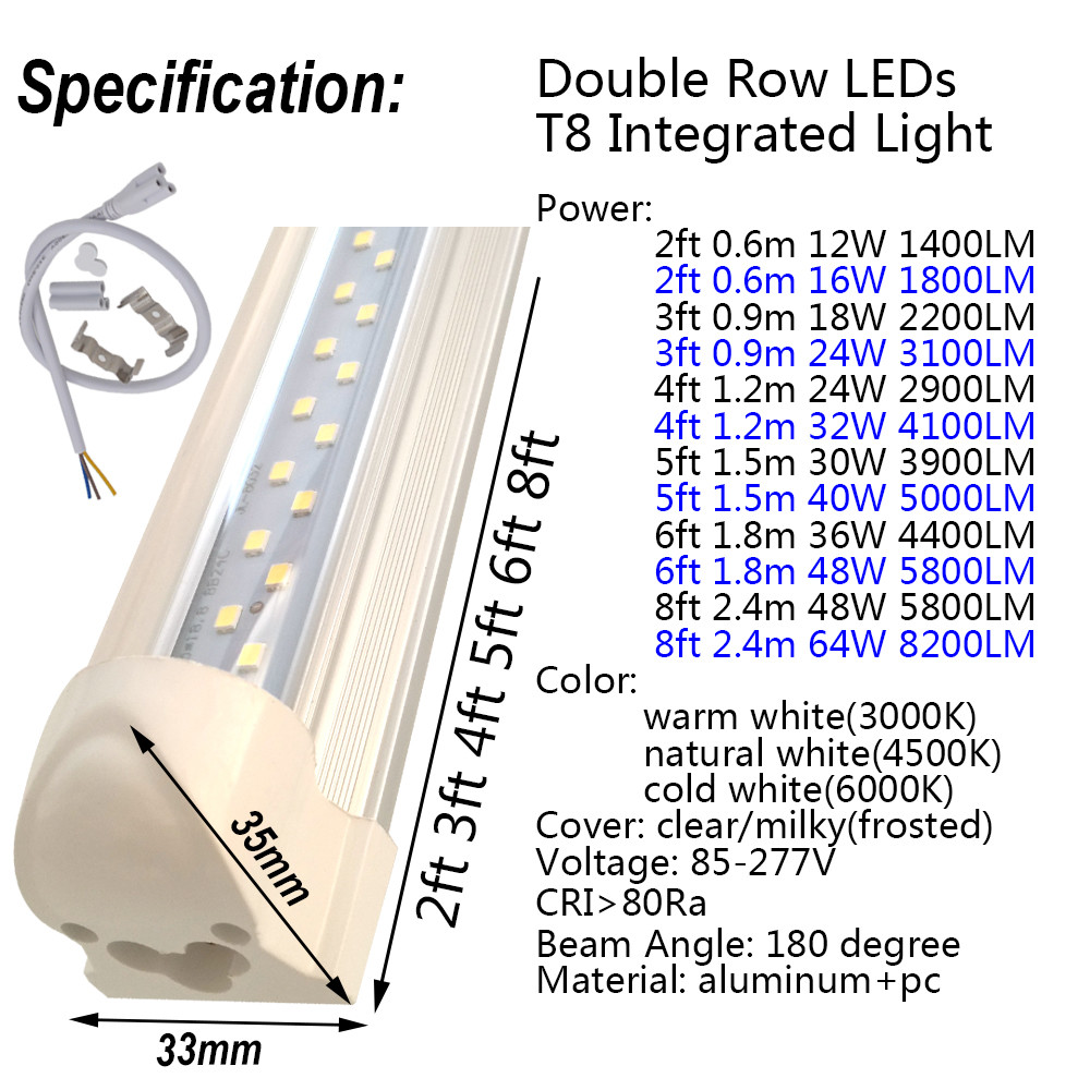 LED Tube Lights 2ft 3ft 4ft 5ft 6ft 8ft Double Row Lighting T8 Integrated Bulb gallery