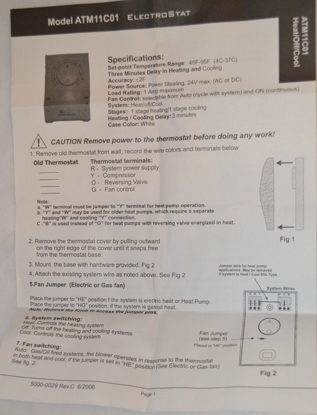 Analog Thermostat - 1 Stage Heating & Cooling - R Y O G - Works with Heat Pump gallery