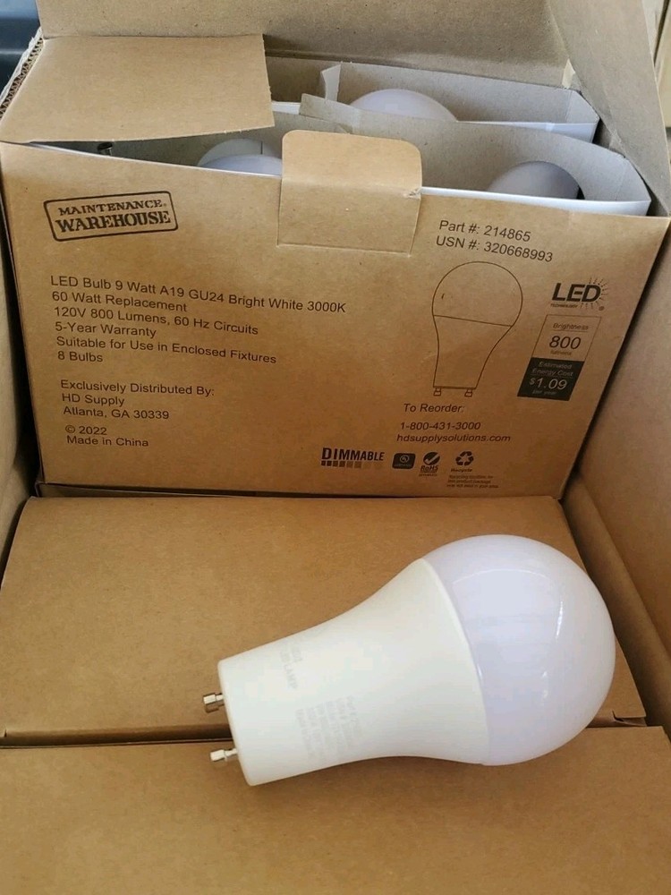 8 PACK 9W = 60W A19 GU24 4EU2 LED LAMP DIM 3000K 120V 800Lm 12A19GU60WT20D2 NEW