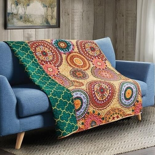 Colorful Boho Throw Blanket Quilted Medallion Couch Sofa 50x60 Reversible Style gallery