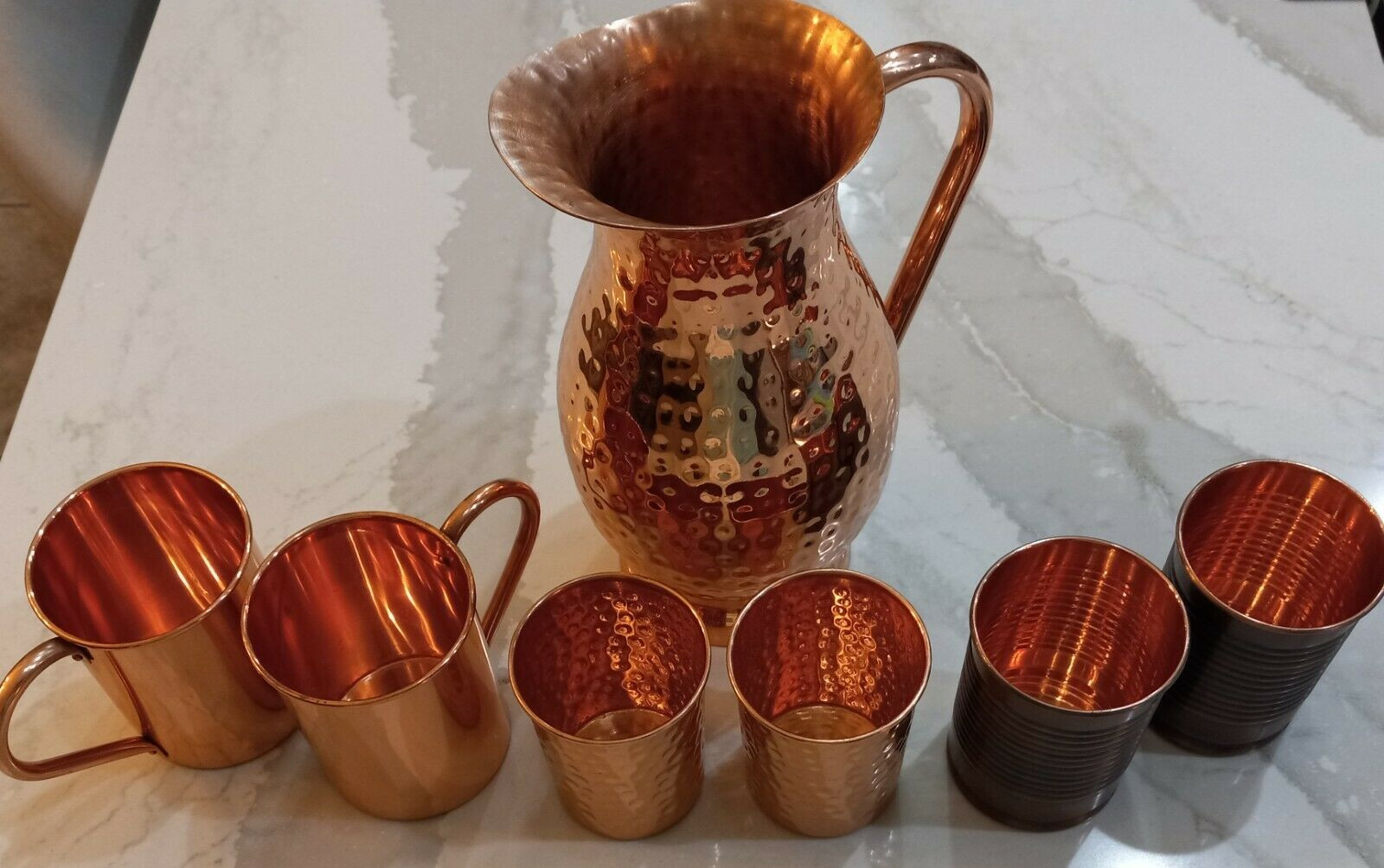 Pure Copper Hammered Pitcher 2 Tumblers, 2 Moscow Mules & 2 Antique Style Cans gallery