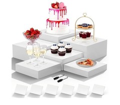 Acrylic Display Riser Set, 6-Tier White Square Dessert Stand, Cupcake and Pastry