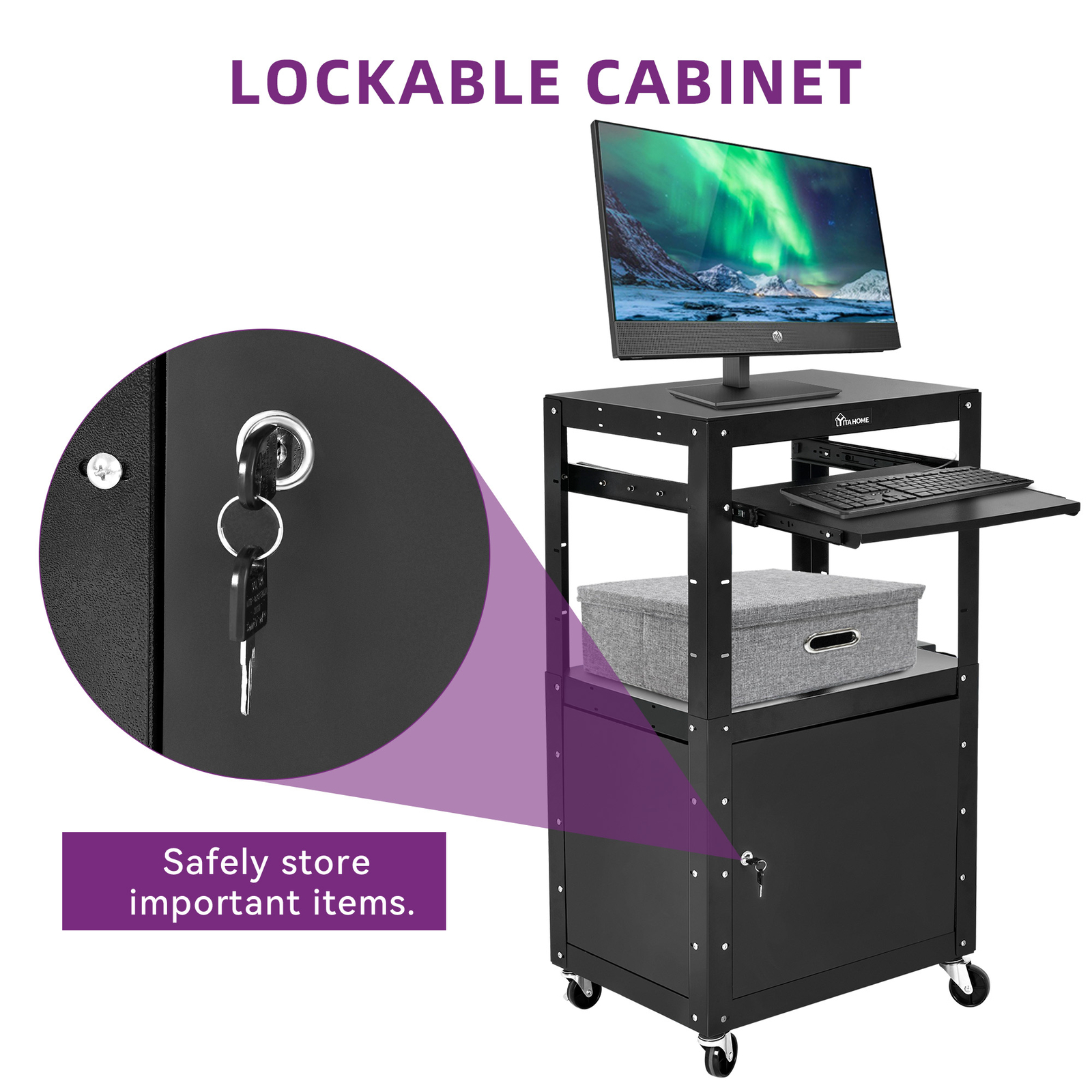 41'' Steel AV Cart with Locking Cabinet Adjustable Height Keyboard & Power Strip gallery